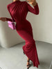 Folds Maxi Dress Women o-Neck Full Sleeve Solid Banquet Elegant Vacation Autumn Skinny Casual Simple Vestidos
