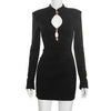 Hollow Out Long Sleeve Sexy Mini Dress Women Gown Elegant Winter Half High Collar Metal Buckle Club Party Dresses