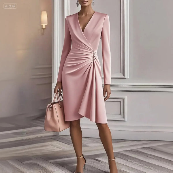 Women's Long-sleeved Dress V-neck Black High-waisted Slim Cross-elegant Office White Female Midi Skirt