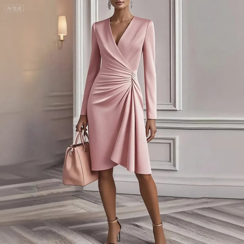 Women's Long-sleeved Dress V-neck Black High-waisted Slim Cross-elegant Office White Female Midi Skirt