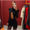 Solid Cinched-waist Mini Dress Women Casual V-neck Full Sleeve Shoulder Pads A-line Vestidos Lady Chic Party Street Gowns