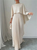 Elegant Crew Neck Pleated Long Dress Women Casual Solid Loose Cloak Sleeve Ruffle Maxi Dresses For Women Spring Autumn Vestidos