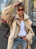 Beige Belted Long Outerwears Women Stand Up Collar Long Sleeve Loose Coat Autumn Streetwear Office Lady Tops