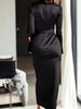 Satin Long Sleeve V Neck Wrap Tie Waist Elegant Midi Dress for Women Evening Party Cocktail