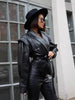 Suninherat Autumn Faux Leather Jacket Black PU Jacket Coat with Belt Lapel Women's Outwear