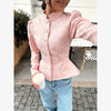 Solid Color Jacquard Glossy Satin Tops Women Chic Stand Collar Single Breasted Slim Fit Short Coats Lady Daily Outwear