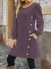 Elegant Plus Size Women's Dress Autumn Winter, Round Neck Long Sleeve Button Pocket Dress