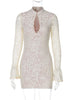 Turtleneck Long Flare Sleeve Patchwork Lace Hollow Out Button Sexy Mini Dress Spring Women Clothes Party Nightclub