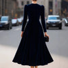 Autumn Simple Elegant Navy Blue Long Dresses For Women High Collar Long Sleeve High Waist Temperament Female Style Dress