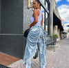 Daily Blue Pocket Ruched Frayed Trim Casual Contrast Denim Jeans High Street Vintage Casual Asymmetric Denim Trousers for Women