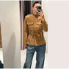 Vintage Suede Jackets Women's Full Sleeves Single-breasted Waist-cinching Stand Collar Coats Ladies Autumn Outwear