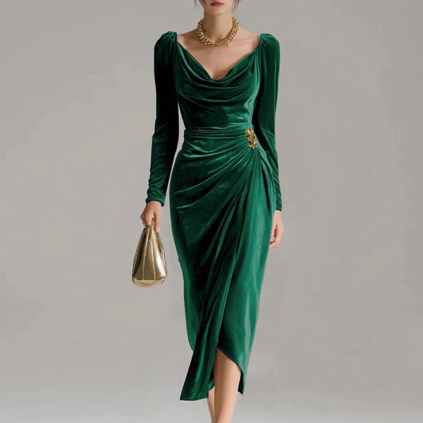 Autumn Winter Velvet Long Sleeved A-line Dress Elegant Temperament High Waisted Banquet Dress Women's Square Neck Draped Dress