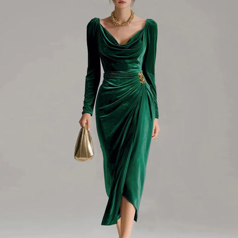 Autumn Winter Velvet Long Sleeved A-line Dress Elegant Temperament High Waisted Banquet Dress Women's Square Neck Draped Dress