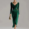 Autumn Winter Velvet Long Sleeved A-line Dress Elegant Temperament High Waisted Banquet Dress Women's Square Neck Draped Dress