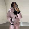 Thicken Warm Women's Skiwear Pink High Collar Hooded Cotton Padded Coats Straight Leg Zipper Pants Winter Lady Ski Suit