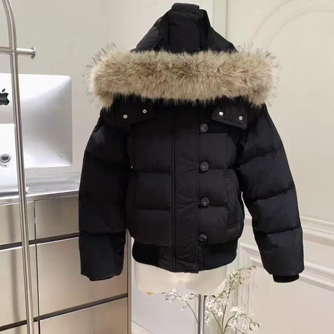 Women's Winter Warm Jacket Korean Thickened Big Fur Collar Hooded Outerwear Casual Detachable Short Cotton-Padded Coat