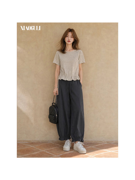 150-160cm Petite Women Pants Ankle Length Lantern Jogger Pants Elastic High Waist Wide Leg Lengthening Trousers