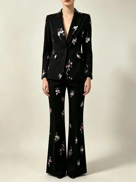 High Street Designer Suit Set Women's Elegant Floral Printed Single Button Blazer Flare Pants Suit 2pcs