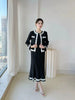 Black White Colorblock Design Women's Pleated Two Pieces Set O-neck Beaded Petal Hem Short Coat +Elastic Dress 2DB6662