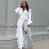Vintage Women Long Sleeve High Side Split Ruched Up Wrap Lapel Collar White Maxi Long Dress Street Dresses