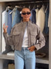 Women Faux Suede Cropped Utility Jacket Stand Collar Zip Pocket Epaulet Long Sleeve Short Coat Autumn Street Daily Casual Outfit