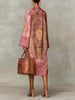 Women's Vintage Elegant Printed High Neck Kaftan Dress Long Sleeves Loose Elegant Evening Midi Dresses Robe