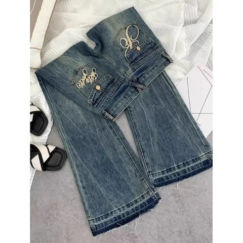 American retro low-waisted jeans female autumn embroidery old casual temperament slim Joker bell bottoms