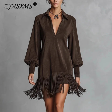 Spring Retro Solid Imitation Suede Tassel Dress Woman Sexy Lapel Hollow A-Line Mini Dress Autumn Long Sleeve Elegant Party Dress