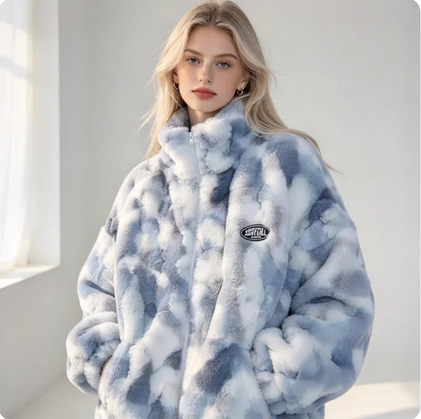 Women's Tie Dye Lamb Fleece Jacket Autumn Winter Zipper Outerwear Warm Plush Jackets Harajuku Casual Loose Female Thick Coat