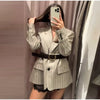 Women's Striped Blazer Belted Single Breasted Long Sleeve Lapel Neck Coat Female Casual Daily Commute Office Jacket