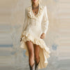 Elegant Ruffled Waist Pleat Long Dress Women's Irregular Solid Slim Party Dress Sexy V-neck Long Sleeve Wash Denim Dress