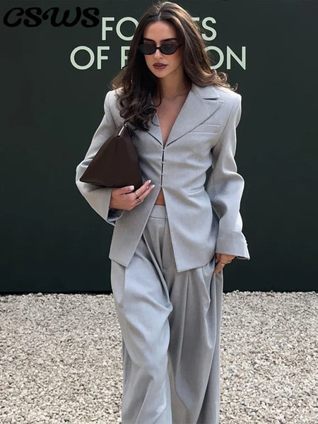 Elegant Button Jacket Pants Suit Women Solid Loose Full Sleeve Lapel Jackets Straight High Waist Trousers Suit