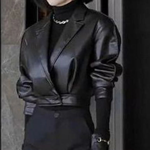 retro suit black short suit collar leather jacket flared pants suit blazer women coats