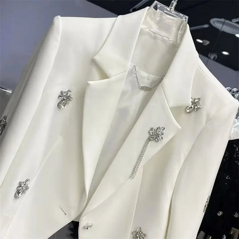 Spring Women Long Sleeve Suit Short Coat Design Sense Heavy Industry Diamond studded Beads Wide Shoulders Irregular Suit