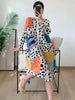 Pleated Contrast Color Leopard Printed Dress Stand Neck Single Breasted Mid-length Dresses Women Party Clothing 2Q1027