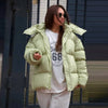 Women All Over Print Hooded Puffer Jacket Loose Oversized Zip Up Winter Warm Coat Detachable Streetwear Casual Outerwear