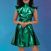 Women Metallic Shiny Dress Holographic Solid Color Turtleneck Pleated Dress Carnival Costume Gold Silver Rave Dress Outfits
