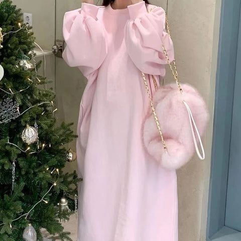 Lazy wind round neck long plus velvet sweater dress women's autumn and winter plus size loose casual belly cover Joker dress