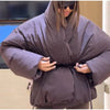 Casual Women's Winter Jacket Solid V Neck Tie-waist Full Sleeve Loose Puffy Padded Coats Street Warm Outwear