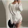 Women's Satin Short Dress Patchwork Lace Trim Crew Neck Long Sleeve Loose Dresses Spring Lady Casual Daily Chic Streetwear