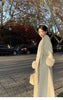 Women Autumn Winter Woolen Coat French Style Fur Sleeves Mid-Length Woolen Coat Women Long Coat Loose Outwear