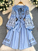 Women's Dress Spring Vintage Embroidery Lace-up O-Neck Versatile Loose Bandage Waist A-line Mid-length Vestidos DS354
