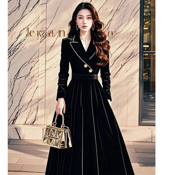 4XL Hepburn Style Black Velvet Dress For Women Autumn Formal Occasions Waist Cinching Suit Style Long Dress AU