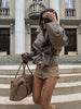 Plaid Windbreaker Grid Jacket Lapel Collar Double Breasted Trench Woman Coat Waist Tie Belt Long Sleeve Short Top Casual Clothes