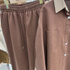 Korean Lapel Denim Shirt Set Women's Loose Casual Two-piece Set Solid Color Wide-leg Pants Set