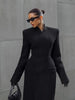 Black Tailored Long Coat Women Elegant Asymmetric Button Front Pockets Full Sleeve Criss-cross Neck Jacket Casual Outerwear