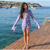 Women Chic Vacation Outfits Striped Print Sheer Chiffon Shirt Casual Turn-down Collar Mini Dress & Detachable Scarf