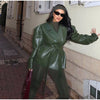 Street Women's Lace Up Leather Jacket Loose Solid Lapel Long Sleeve Belt Jackets Female Spring Lady Vintage Outwears
