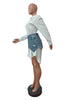 Vintage Women Long Sleeve Turn-down Collar Shirt Blouse Style Dress with Denim Jean Irregular Mini Skirt Two 2 Piece Set