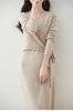Women V-neck 100% Merino Wool Dress Sweater Autumn Winter Crossing Lace-up Long Sleeve Pullover Knit Skirt Office Lady Knitwear